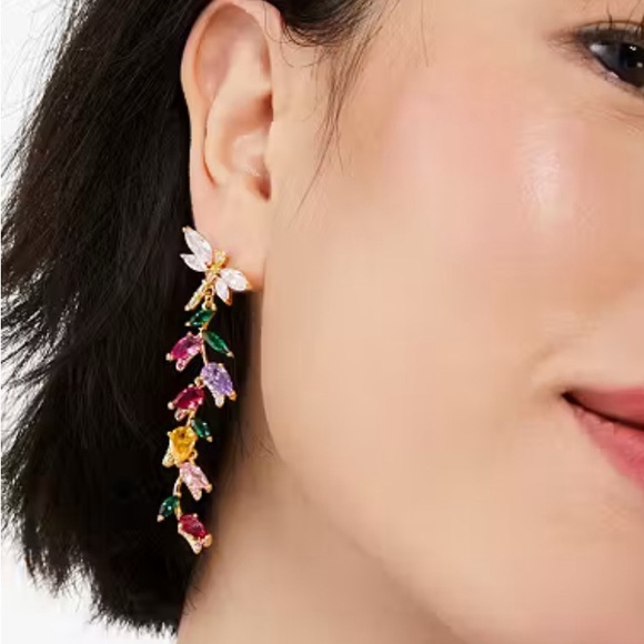 Kate Spade Greenhouse Floral Linear Earrings ~Rhinestone Dragonfly Flower Studs - Picture 2 of 7